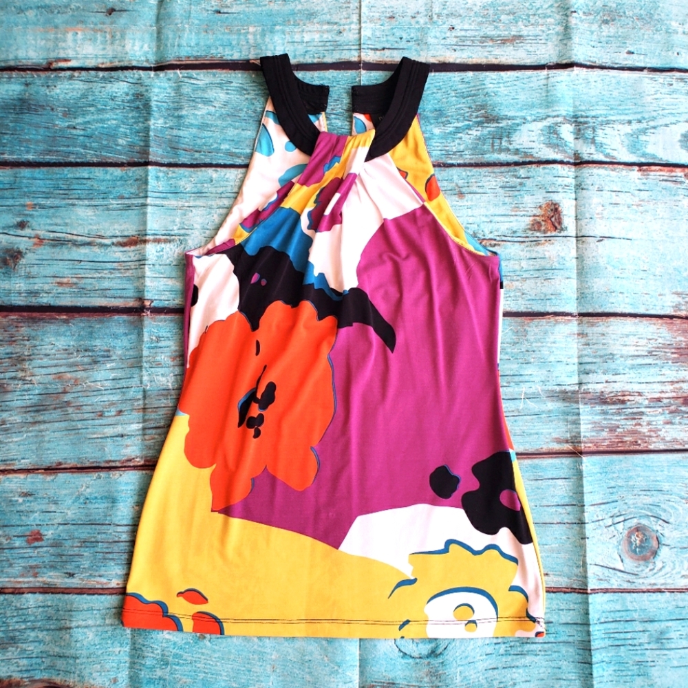 Nicole by Nicole Miller bright floral cutaway style halter top size small